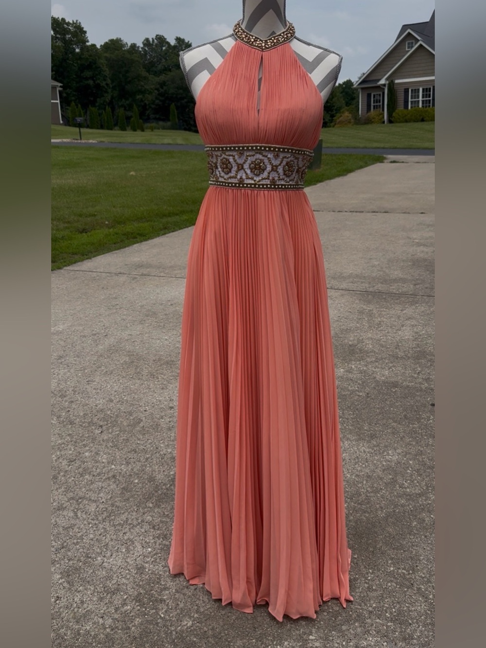 Sherri Hill Coral Halter Prom Gown with Beaded Waistband